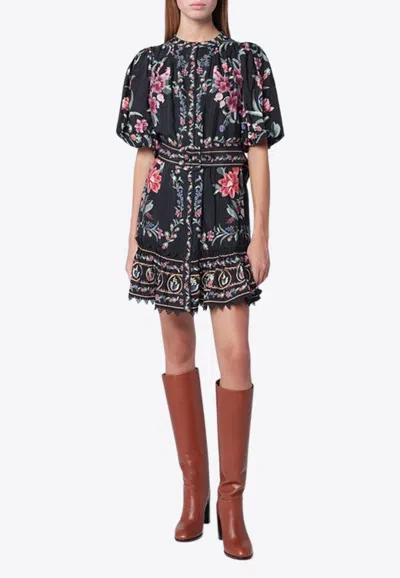 Farm Rio Belle Garden Floral-print Cotton-blend Mini Dress In Black