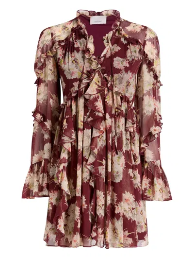 Cinq À Sept Mae Floral Print Ruffle Long Sleeve Chiffon Minidress In Red