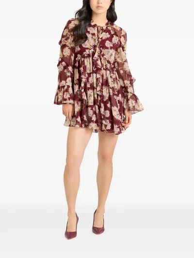 Cinq À Sept Mae Floral Print Ruffle Long Sleeve Chiffon Minidress In Red