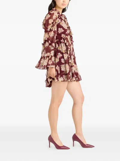 Cinq À Sept Mae Floral Print Ruffle Long Sleeve Chiffon Minidress In Red