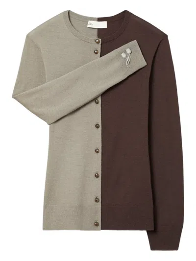 Tory Burch Colourblock Brooch Wool Cardigan In Multi