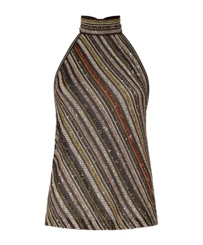 Missoni Womens Multicolor Beige Brown Halterneck Embellished Stretch-woven Top