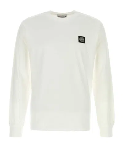 Stone Island White Long-sleeve Crewneck T-shirt With Logo Patch On The Front In Cotton Man In White