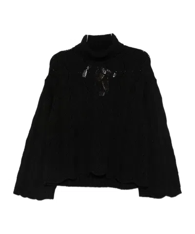 Twinset Textured Knit Sweater With Turtleneck And Scalloped Edges In Black