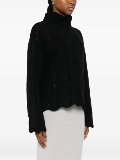 Twinset Textured Knit Sweater With Turtleneck And Scalloped Edges In Black