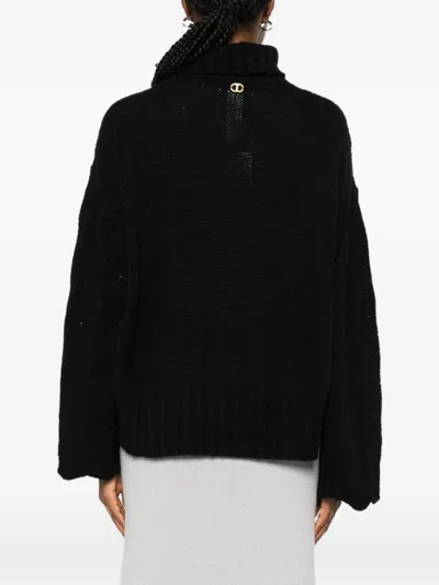 Twinset Textured Knit Sweater With Turtleneck And Scalloped Edges In Black