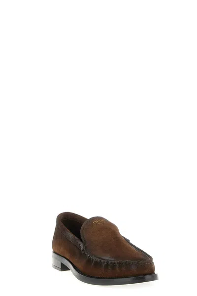 Prada Loafers With A Vintage-effect In Suede Leather In Animal Print