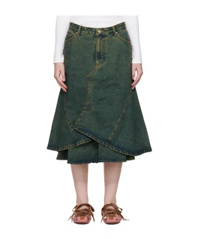 Andersson Bell Blue Custom Flare Layered Denim Midi Skirt In Green