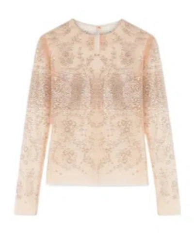 Ermanno Scervino Tulle Top With All-over Crystal Embroidery In Brown