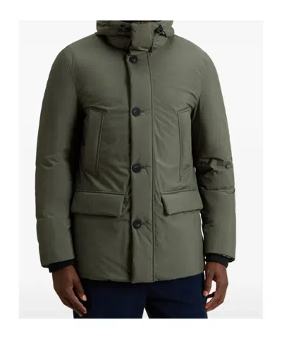Woolrich Hooded Button-fastening Padded Jacket In Green