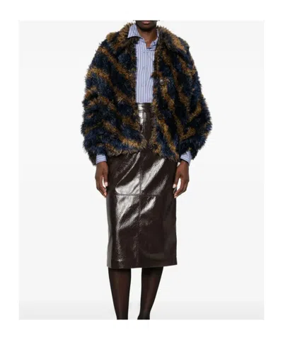 Dries Van Noten Striped Faux Fur Collared Cardigan Jacket In Brown