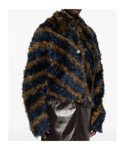 Dries Van Noten Striped Faux Fur Collared Cardigan Jacket In Brown