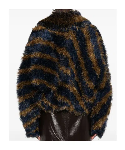 Dries Van Noten Striped Faux Fur Collared Cardigan Jacket In Brown