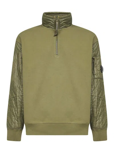 C.p. Company Green Diagonal Raised Fleece Mixed Half-zip Sweatshirt In Green