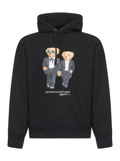 Polo Ralph Lauren Hooded Sweatshirt Featuring Bear Graphic And Ribbed Cuffs In Black