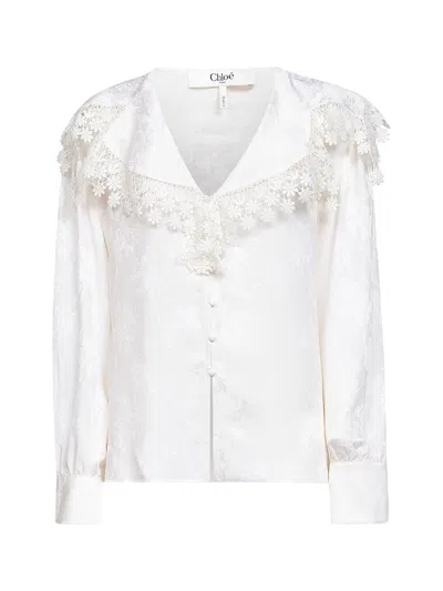 Chloé Blouse With A Maxi Collar In Silk Jacquard And Lace In White