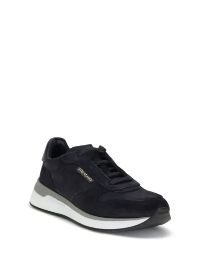 Ferragamo Dark Blue Suede Sneakers In Black
