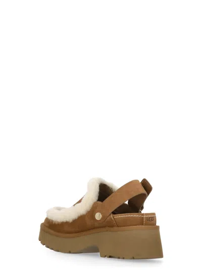 Ugg Suede Mules With Plush Trim And Adjustable Strap In Brown