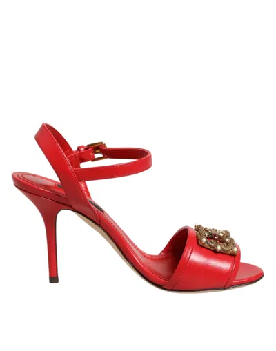 Dolce & Gabbana Dg Amore Leather Pumps Embellished Open Toe In Red