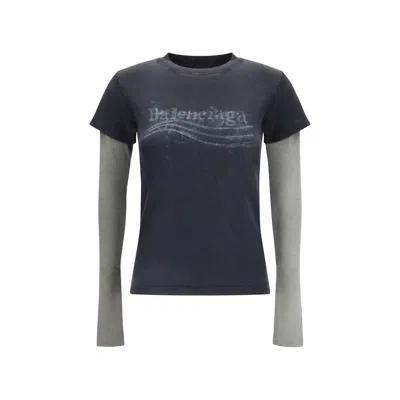 Balenciaga Women Washed Crayon Political Double-sleeve T-shirt In Blue