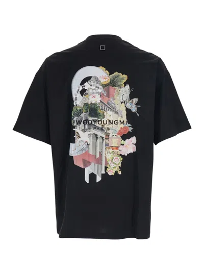 Wooyoungmi Black Crewneck T-shirt With Logo Patch On The Front And Floral Motif On The Rear In Cotton Man In Black
