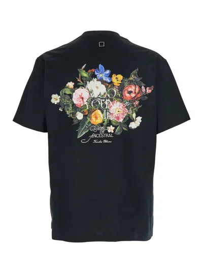 Wooyoungmi Black Crewneck T-shirt With Logo Patch On The Front And Floral Motif On The Rear In Cotton Man In Black