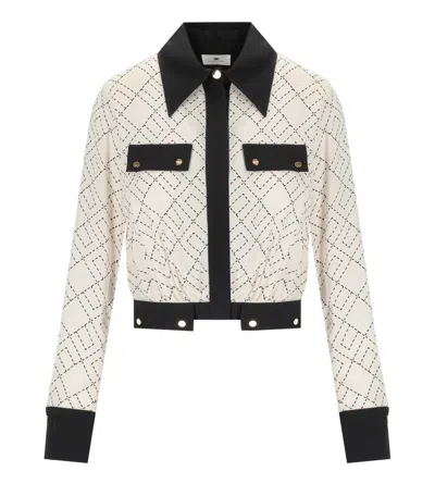 Elisabetta Franchi Bi-color Shirt With Gold Accents And Geometric Pattern In White