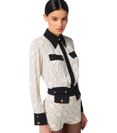 Elisabetta Franchi Bi-color Shirt With Gold Accents And Geometric Pattern In White