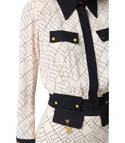 Elisabetta Franchi Bi-color Shirt With Gold Accents And Geometric Pattern In White