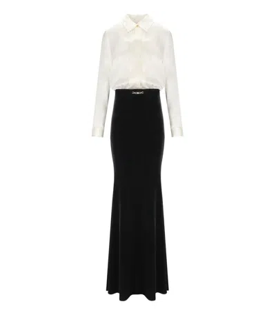 Elisabetta Franchi Long Red Carpet Dress In Satin And Velvet In White