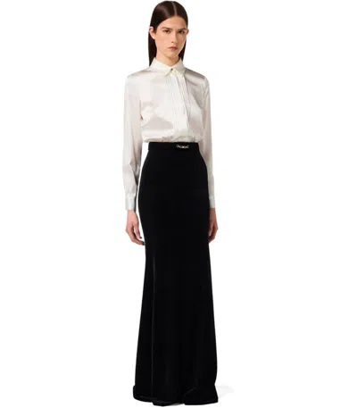 Elisabetta Franchi Long Red Carpet Dress In Satin And Velvet In White