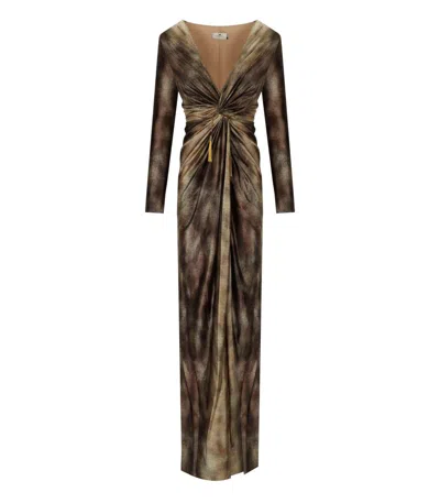 Elisabetta Franchi Emerald Python Print Deep V-neck Evening Dress In Animal Print