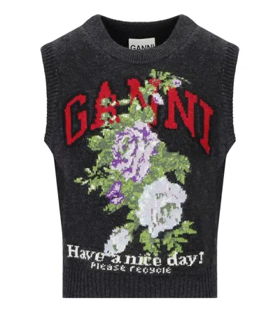 Ganni Flowers Grey Vest In Gray