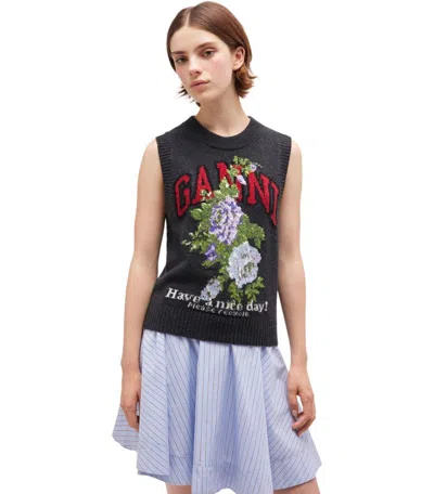 Ganni Flowers Grey Vest In Gray
