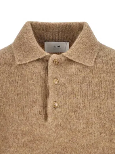 Ami Alexandre Mattiussi Ami Paris Grey Wool And Alpaca Polo Sweater Ami Paris In Brown