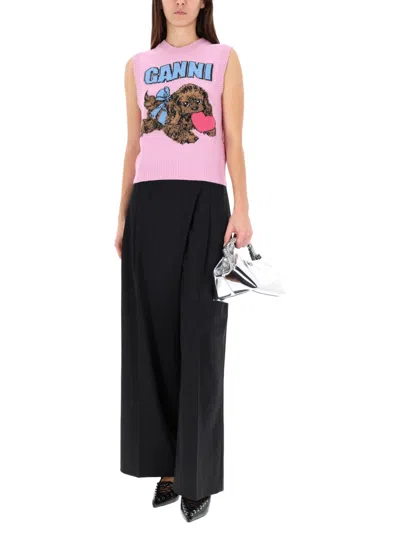 Ganni Wide Leg Trousers Pleated Front In Black