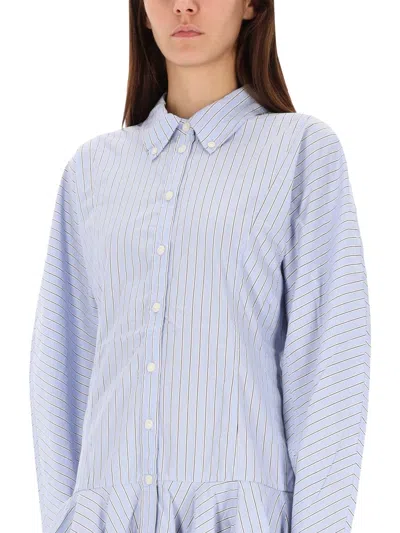Ganni Striped Long Sleeve Dress With Flared Hem In Blue