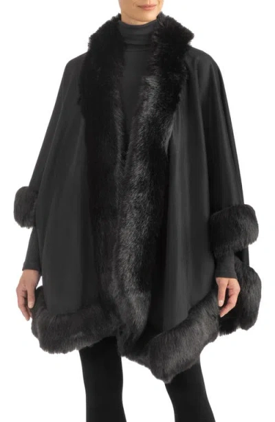 Sofia Cashmere Faux Fur Trim Cashmere Wrap In Black
