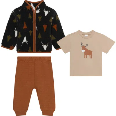 Pl Baby By Petit Lem Fleece Jacket, Graphic T-shirt & Joggers Set In Multi