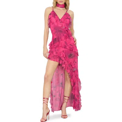 Alice And Olivia Nelia High-low Ruffle Wrap Maxi Dress With Detachable Scarf In Pink