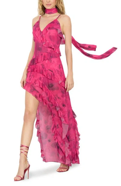 Alice And Olivia Nelia High-low Ruffle Wrap Maxi Dress With Detachable Scarf In Pink