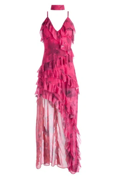 Alice And Olivia Nelia High-low Ruffle Wrap Maxi Dress With Detachable Scarf In Pink