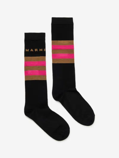 Marni Kids Striped Logo Socks In Black