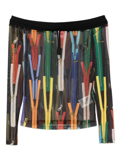 Moschino Off-shoulder Zip-print Blouse In Multi