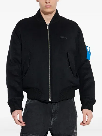 Off-white Ribbed Bomber Jacket Featuring Side Pockets In Black