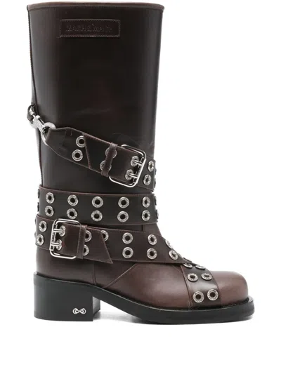 Mach&mach Buckle Belt Embellished Leather Biker Boots In Brown