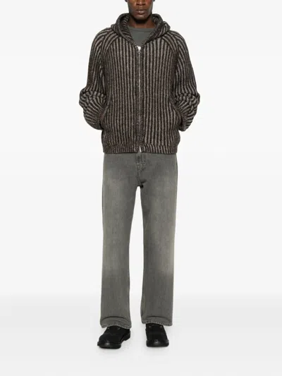 Our Legacy Mens Level Ribbed Wool Hoodie Vanise Brown Stripe In Gray