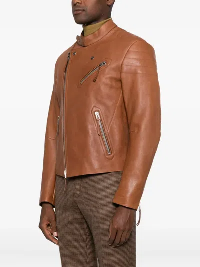 Tom Ford Leather Biker Jacket In Brown