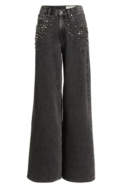Rag & Bone Featherweight Sofie Embellished High Waist Wide Leg Jeans In Black