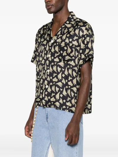 Bode Paper Hat Camp-collar Printed Satin Shirt In Black